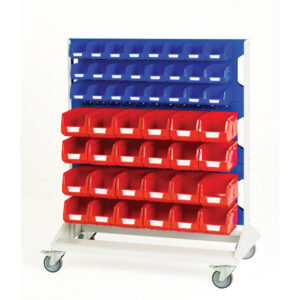 Mobile Storage Bin Trolley - Louvre Panel Trolley Double Sided And Bins with 6 Panels, 48X Red 48X Blue Bins. WxDxH: 1000X550X1250mm Ral 7035/5010 _SKU-16917226.11V