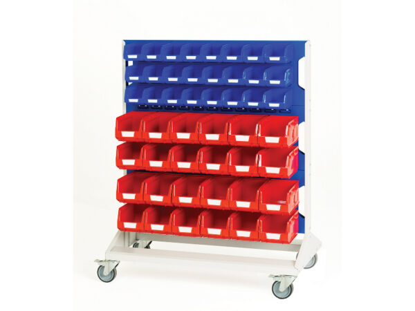 Mobile Storage Bin Trolley - Louvre Panel Trolley Double Sided And Bins with 6 Panels, 48X Red 48X Blue Bins. WxDxH: 1000X550X1250mm Ral 7035/5010 _SKU-16917226.11V
