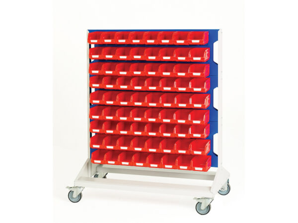 Mobile Storage Bin Trolley - Louvre Panel Trolley Double Sided And Bins with 6 Panels, 144X Red Bins. WxDxH: 1000X550X1250mm Ral 7035/5010 _SKU-16917271.11V