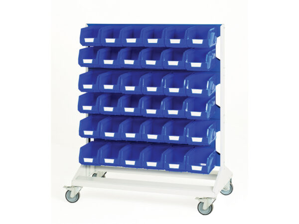 Mobile Storage Bin Cart - Louvre Panel Trolley Double Sided And Bins with 6 Panels, 72X Blue Bins. WxDxH: 1000X550X1250mm Ral 7035/5010 _SKU-16917272.11V
