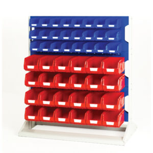 Louvre Panel Rack Single Sided And Bin Kit - with 3 Panels, 24X Red 24X Blue Bins. WxDxH: 1000X550X1125mm Ral 7035/5010 _SKU-16917320.11V