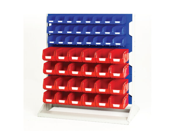 Louvre Panel Rack Single Sided And Bin Kit - with 3 Panels, 24X Red 24X Blue Bins. WxDxH: 1000X550X1125mm Ral 7035/5010 _SKU-16917320.11V