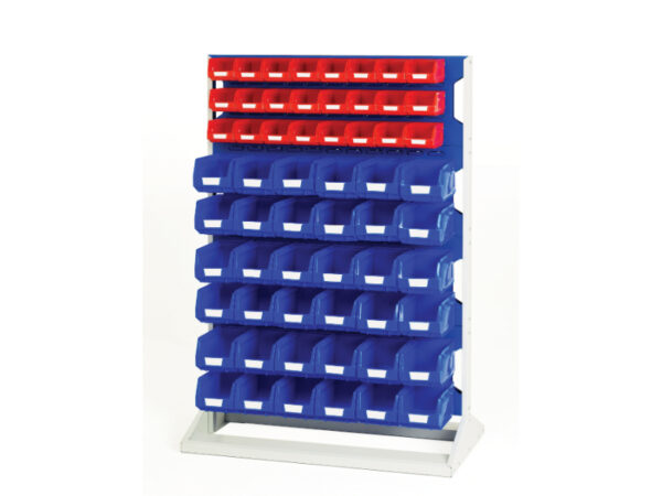 Plastic Storage Bins And Racks - Louvre Panel Rack Single Sided And Bin Kit with 4 Panels, 24X Red 36X Blue Bins. WxDxH: 1000X550X1450mm Ral 7035/5010 _SKU-16917323.11V