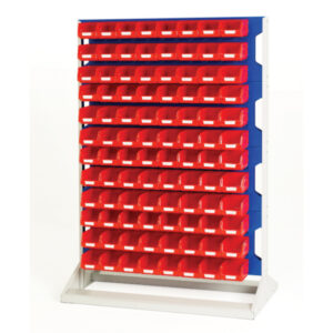 Louvre Panel Rack Single Sided And Bin Kit with 4 Panels - 96X Red Bins. WxDxH: 1000X550X1450mm Ral 7035/5010 _SKU-16917324.11V