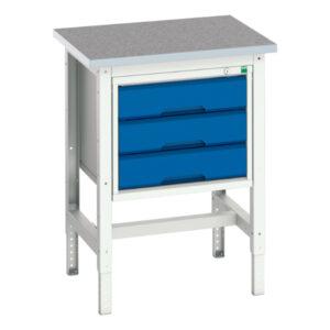Pedestal Stand Work Table - Verso Adj. Height Workstand with 3 Drawer Cabinet And Lino Top. WxDxH: 700X600X780-930mm Ral 7035/5010 _SKU-16921603.11