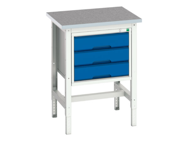Pedestal Stand Work Table - Verso Adj. Height Workstand with 3 Drawer Cabinet And Lino Top. WxDxH: 700X600X780-930mm Ral 7035/5010 _SKU-16921603.11
