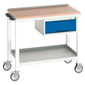 Steel Worktop Work Station On Wheels - Verso Mobile Welded Bench with 1 Drawer Cab And Mpx Top. WxDxH: 1000X600X930mm Ral 7035/5010 _SKU-16922801.11