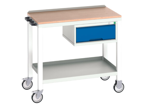 Steel Worktop Work Station On Wheels - Verso Mobile Welded Bench with 1 Drawer Cab And Mpx Top. WxDxH: 1000X600X930mm Ral 7035/5010 _SKU-16922801.11