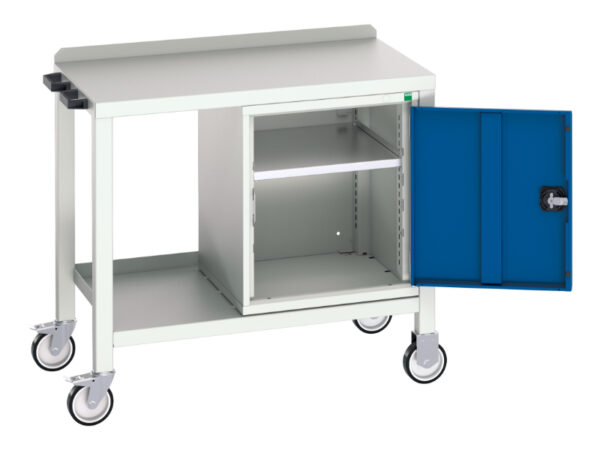 Steel Worktop Work Station On Wheels - Verso Mobile Welded Bench with Cupboard And Steel Top. WxDxH: 1000X600X910mm Ral 7035/5010 _SKU-16922802.11