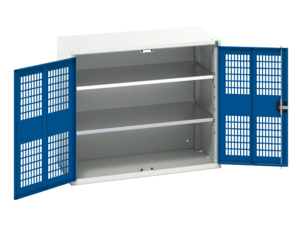 Lockable Metal Storage Cupboard Mesh Doors - Verso Ventilated Door Cupboard with 2 Shelves. WxDxH: 1050X550X900mm Ral 7035/5010 _SKU-16926761.11