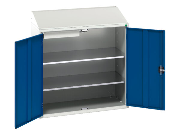 Angled Top Cupboard - Verso Economy Lectern with 2 Shelves, 1 Drawer. WxDxH: 1050X550X1130mm Ral 7035/5010 _SKU-16929213.11