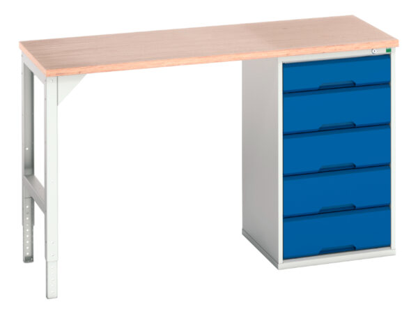 Verso Pedestal Bench with 5 Drawer - 525W Cab And Mpx Worktop. WxDxH: 1500X600X930mm Ral 7035/5010 _SKU-16921900.11