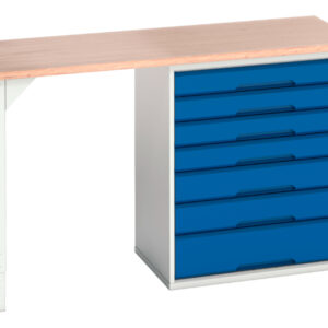 Work Table with Storage Drawers - Verso Pedestal Bench with 7 Drawer 800W Cab And Mpx Worktop. WxDxH: 1500X600X930mm Ral 7035/5010 _SKU-16921904.11