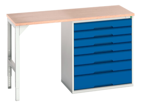 Work Table with Storage Drawers - Verso Pedestal Bench with 7 Drawer 800W Cab And Mpx Worktop. WxDxH: 1500X600X930mm Ral 7035/5010 _SKU-16921904.11