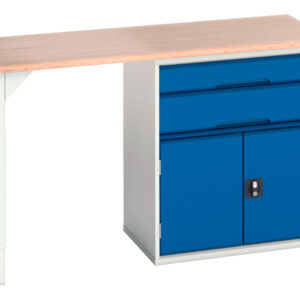 Steel Work Table with Drawers And Cupboard - Verso Pedestal Bench with 2 Drawers/Cbd 800W Cab And Mpx Top. WxDxH: 1500X600X930mm Ral 7035/5010 _SKU-16921905.11