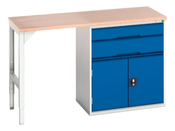 Steel Work Table with Drawers And Cupboard - Verso Pedestal Bench with 2 Drawers/Cbd 800W Cab And Mpx Top. WxDxH: 1500X600X930mm Ral 7035/5010 _SKU-16921905.11