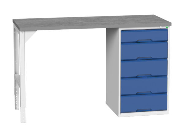 Workshop Work Table with 5 Drawers - Verso Pedestal Bench with 5 Drawer 525W Cab And Lino Worktop. WxDxH: 1500X600X930mm Ral 7035/5010 _SKU-16921910.11