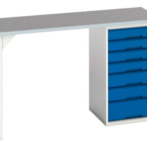Work Table Drawers Steel - Verso Pedestal Bench with 7 Drawer 525W Cab And Lino Worktop. WxDxH: 1500X600X930mm Ral 7035/5010 _SKU-16921911.11