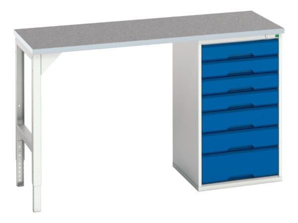 Work Table Drawers Steel - Verso Pedestal Bench with 7 Drawer 525W Cab And Lino Worktop. WxDxH: 1500X600X930mm Ral 7035/5010 _SKU-16921911.11