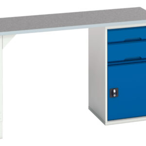 Metal Work Table with Cupboard - Verso Pedestal Bench with 2 Drawers/Cbd 525W Cab And Lino Top. WxDxH: 1500X600X930mm Ral 7035/5010 _SKU-16921912.11