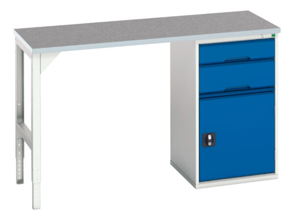 Metal Work Table with Cupboard - Verso Pedestal Bench with 2 Drawers/Cbd 525W Cab And Lino Top. WxDxH: 1500X600X930mm Ral 7035/5010 _SKU-16921912.11