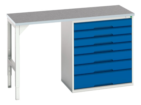 1500mm Work Table with Drawers - Verso Pedestal Bench with 7 Drawer 800W Cab And Lino Worktop. WxDxH: 1500X600X930mm Ral 7035/5010 _SKU-16921914.11