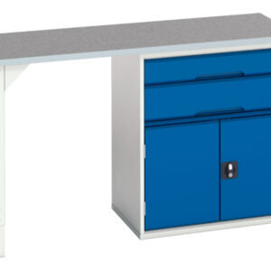 Work Table with Cabinet - Verso Pedestal Bench with 2 Drawers/Cbd 800W Cab And Lino Top. WxDxH: 1500X600X930mm Ral 7035/5010 _SKU-16921915.11