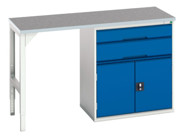 Work Table with Cabinet - Verso Pedestal Bench with 2 Drawers/Cbd 800W Cab And Lino Top. WxDxH: 1500X600X930mm Ral 7035/5010 _SKU-16921915.11