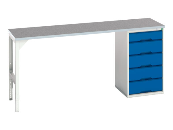 Work Table Drawers Metal - Verso Pedestal Bench with 5 Drawer 525W Cab And Lino Worktop. WxDxH: 2000X600X930mm Ral 7035/5010 _SKU-16921960.11