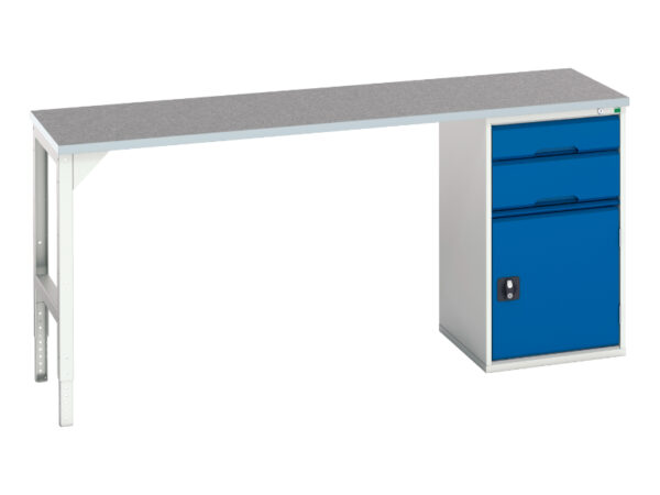 2 Drawer Work Table - Verso Pedestal Bench with 2 Drawers/Cbd 525W Cab And Lino Top. WxDxH: 2000X600X930mm Ral 7035/5010 _SKU-16921962.11