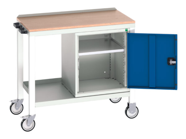 Portable Steel Worktop Work Table - Verso Mobile Welded Bench with Cupboard And Mpx Top. WxDxH: 1000X600X930mm Ral 7035/5010 _SKU-16922803.11