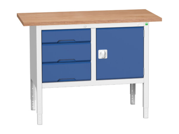 Workshop Storage And Bench - Verso Adj. Height Storage Bench (Mpx) with 3 Drawer Cab / Cupboard. WxDxH: 1250X600X830-930mm Ral 7035/5010 _SKU-16923003.11