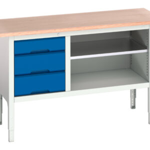 Metal Work Table with Drawers - Verso Adj. Height Storage Bench (Mpx) with 3 Drawer Cab / Mid Shelf. WxDxH: 1500X600X830-930mm Ral 7035/5010 _SKU-16923012.11