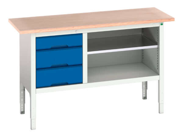 Metal Work Table with Drawers - Verso Adj. Height Storage Bench (Mpx) with 3 Drawer Cab / Mid Shelf. WxDxH: 1500X600X830-930mm Ral 7035/5010 _SKU-16923012.11