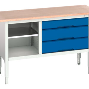 1. 5M Storage Work Table - Verso Adj. Height Storage Bench (Mpx) with Mid Shelf / 3 Drawer Cab. WxDxH: 1500X600X830-930mm Ral 7035/5010 _SKU-16923013.11
