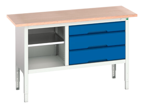 1. 5M Storage Work Table - Verso Adj. Height Storage Bench (Mpx) with Mid Shelf / 3 Drawer Cab. WxDxH: 1500X600X830-930mm Ral 7035/5010 _SKU-16923013.11
