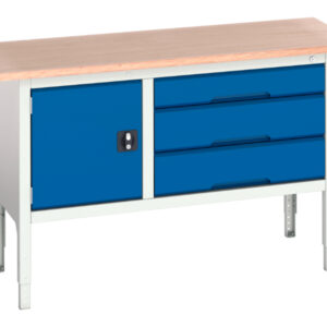1500mm Work Table Metal - Verso Adj. Height Storage Bench (Mpx) with Cupboard / 3 Drawer Cab. WxDxH: 1500X600X830-930mm Ral 7035/5010 _SKU-16923014.11