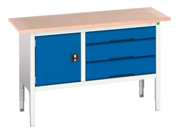 1500mm Work Table Metal - Verso Adj. Height Storage Bench (Mpx) with Cupboard / 3 Drawer Cab. WxDxH: 1500X600X830-930mm Ral 7035/5010 _SKU-16923014.11