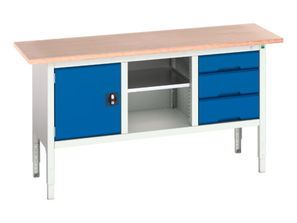 Work Table Storage Cupboard - Verso Adj. Height Storage Bench (Mpx) with Cupboard / Mid Shelf / 3 Drawer Cab. WxDxH: 1750X600X830-930mm Ral 7035/5010 _SKU-16923020.11