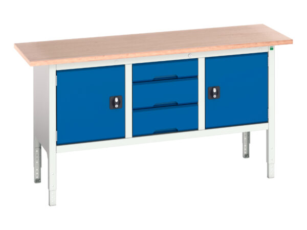 Heavy Duty Work Table with Cupboard - Verso Adj. Height Storage Bench (Mpx) with Cupboard / 3 Drawer Cab / Cupboard. WxDxH: 1750X600X830-930mm Ral 7035/5010 _SKU-16923022.11