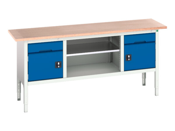 Bott Verso Work Table - Verso Adj. Height Storage Bench (Mpx) with 1 Drw-Cbd / Mid Shelf / 1 Drw-Cbd. WxDxH: 2000X600X830-930mm Ral 7035/5010 _SKU-16923031.11