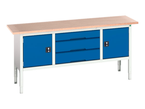 Work Table with Cupboard Underneath - Verso Adj. Height Storage Bench (Mpx) with Cupboard / 3 Drawer Cab / Cupboard. WxDxH: 2000X600X830-930mm Ral 7035/5010 _SKU-16923032.11