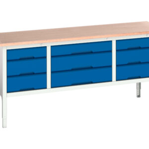 2M Wide Height Adjustable Work Table - Verso Adj. Height Storage Bench (Mpx) with 3 Drw Cab / 3 Drw Cab / 3 Drw Cab. WxDxH: 2000X600X830-930mm Ral 7035/5010 _SKU-16923033.11