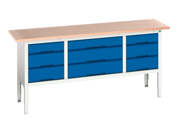 2M Wide Height Adjustable Work Table - Verso Adj. Height Storage Bench (Mpx) with 3 Drw Cab / 3 Drw Cab / 3 Drw Cab. WxDxH: 2000X600X830-930mm Ral 7035/5010 _SKU-16923033.11