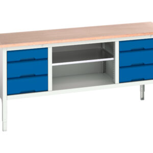Workshop Metal Work Table - Verso Adj. Height Storage Bench (Mpx) with 3 Drw Cab / Mid Shlf / 3 Drw Cab. WxDxH: 2000X600X830-930mm Ral 7035/5010 _SKU-16923034. 10