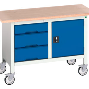 Metal Mobile Storage Work Table - Verso Mobile Storage Bench (Mpx) with 3 Drawer Cab / Cupboard. WxDxH: 1250X600X830mm Ral 7035/5010 _SKU-16923203.11