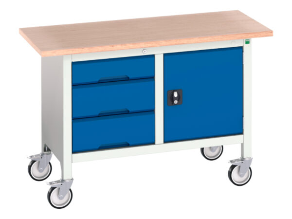 Metal Mobile Storage Work Table - Verso Mobile Storage Bench (Mpx) with 3 Drawer Cab / Cupboard. WxDxH: 1250X600X830mm Ral 7035/5010 _SKU-16923203.11