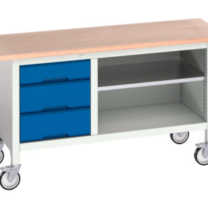 Steel Mobile Storage Work Table - Verso Mobile Storage Bench (Mpx) with 3 Drawer Cab / Mid Shelf. WxDxH: 1500X600X830mm Ral 7035/5010 _SKU-16923212.11