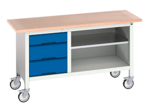 Steel Mobile Storage Work Table - Verso Mobile Storage Bench (Mpx) with 3 Drawer Cab / Mid Shelf. WxDxH: 1500X600X830mm Ral 7035/5010 _SKU-16923212.11