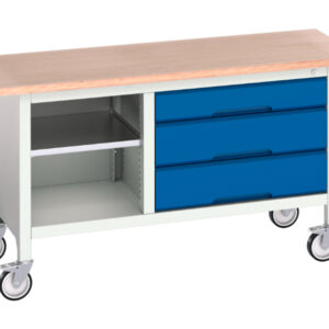 Work Table with Shelves On Wheels - Verso Mobile Storage Bench (Mpx) with Mid Shelf / 3 Drawer Cab. WxDxH: 1500X600X830mm Ral 7035/5010 _SKU-16923213.11